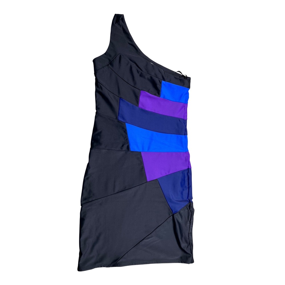 Christopher Deane One Shoulder Colorblock Bodycon Dress Black Blue Purple Small
